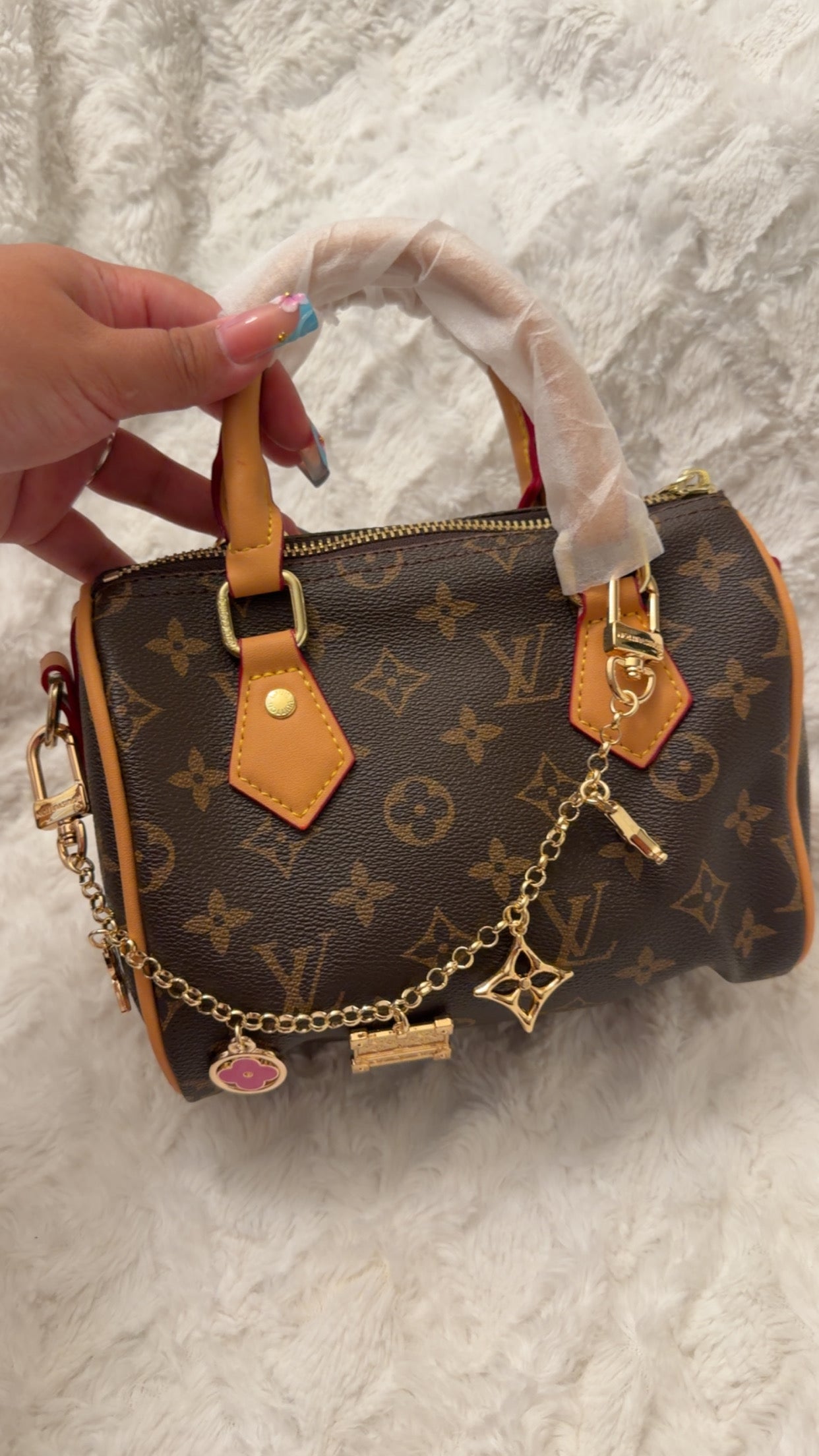 Brown Monogram Mini Satchel with Gold Charms