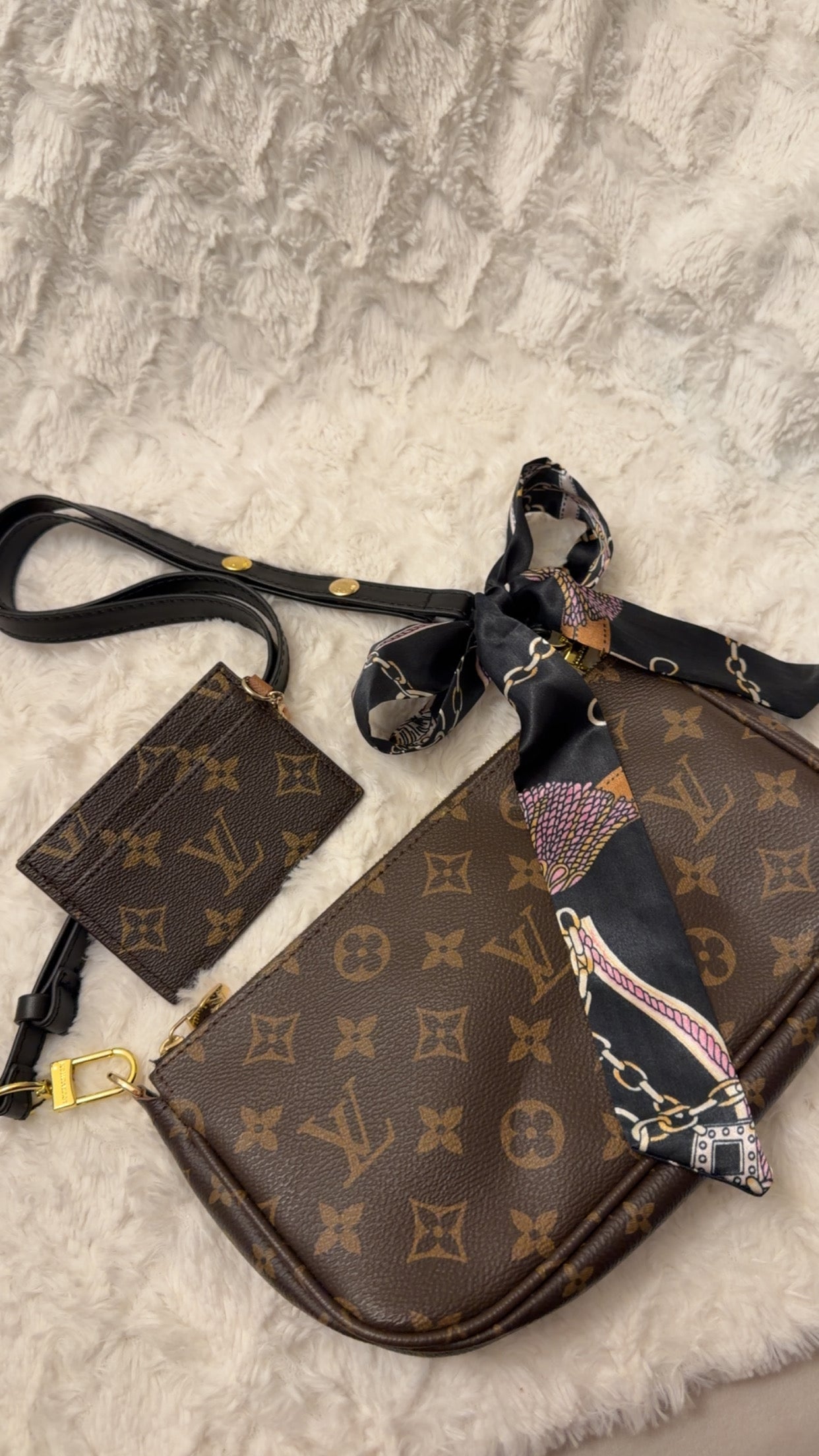 Brown Monogram Shoulder Bag with Card Holder & Scarf