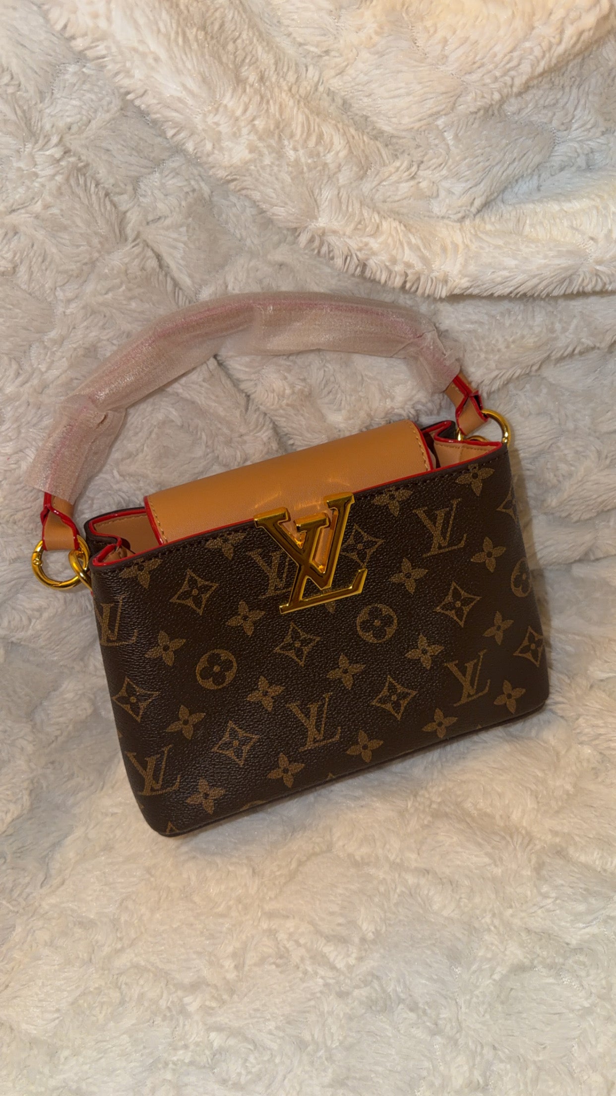 Brown Monogram Shoulder Bag with Tan Flap