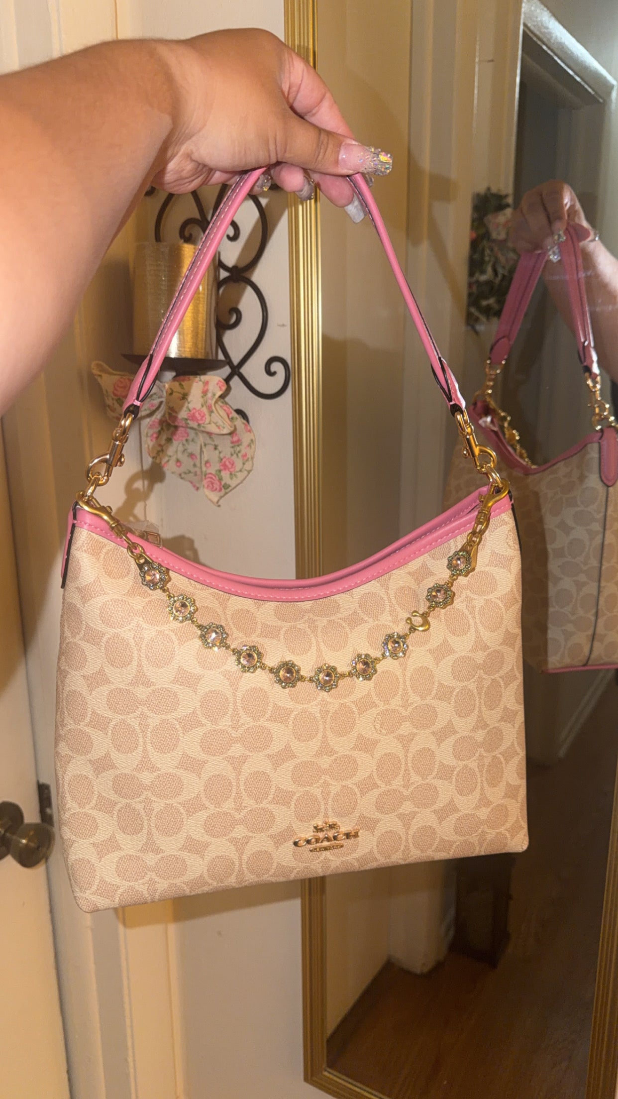 Beige & Pink shoulder bag with Crystal Chain